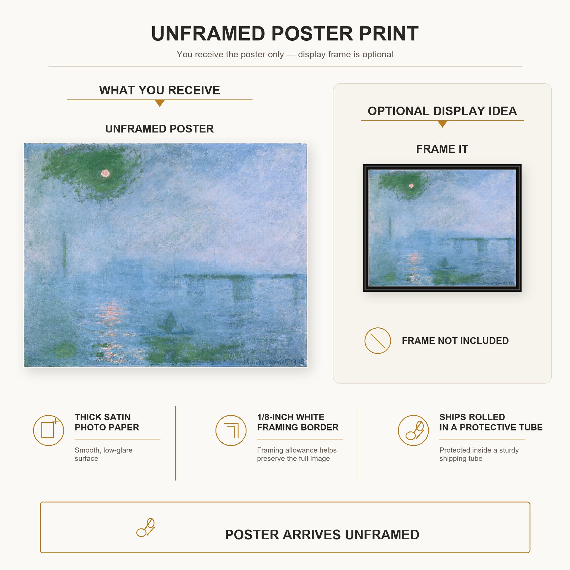 Claude Monet - Charing Cross Bridge poster print size comparison and framing display infographic