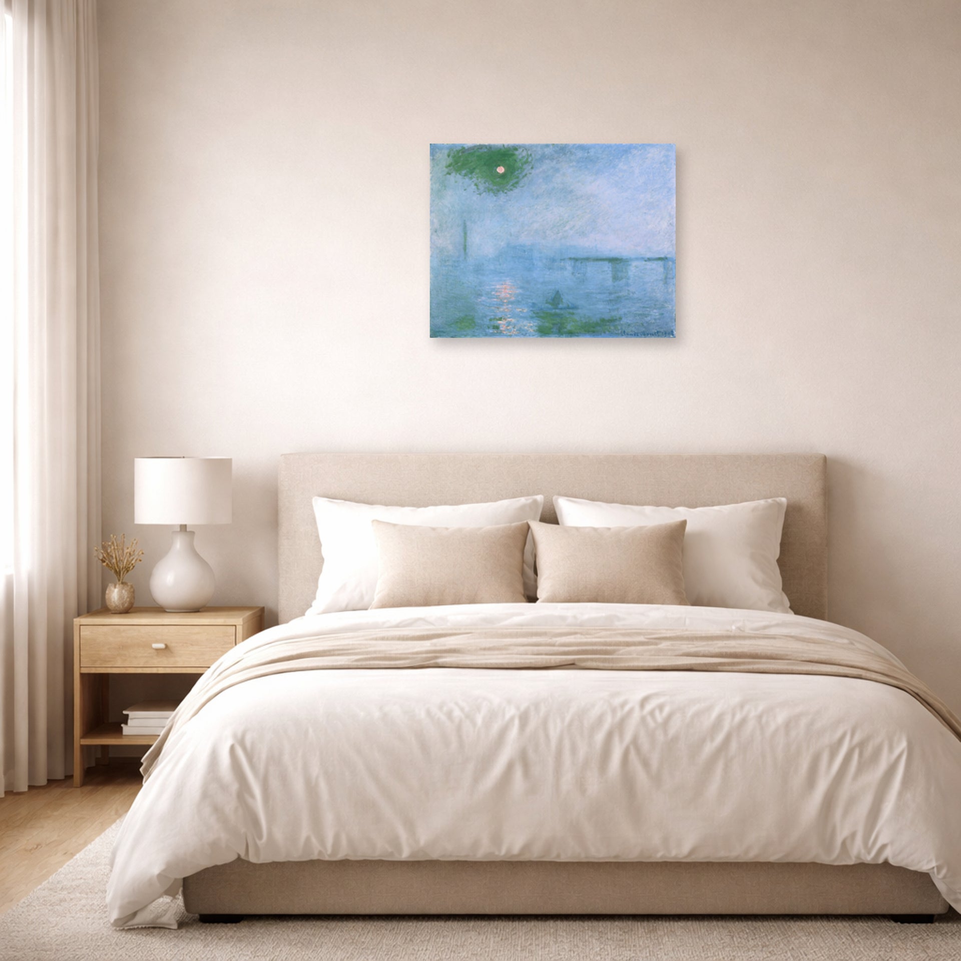 Unframed poster print of Claude Monet's 'Charing Cross Bridge' displayed on a wall in a bedroom