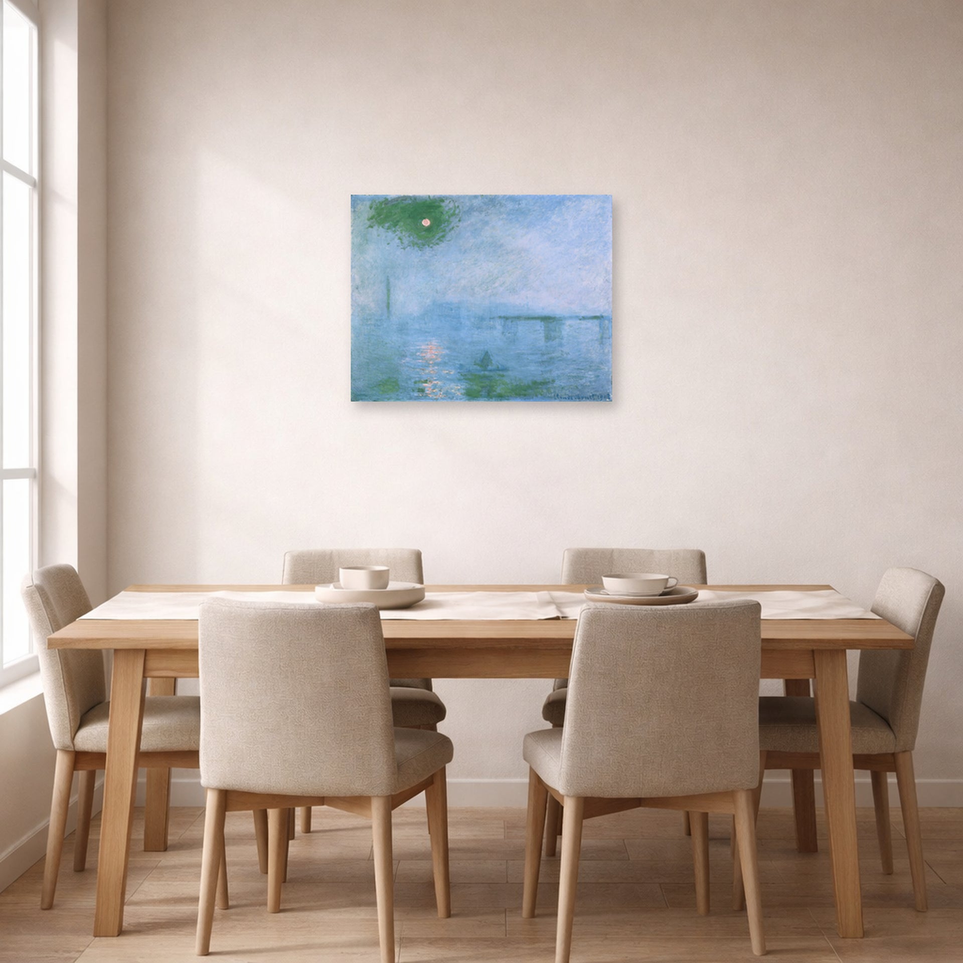 Unframed poster print of Claude Monet's 'Charing Cross Bridge' displayed on a wall in a dining room