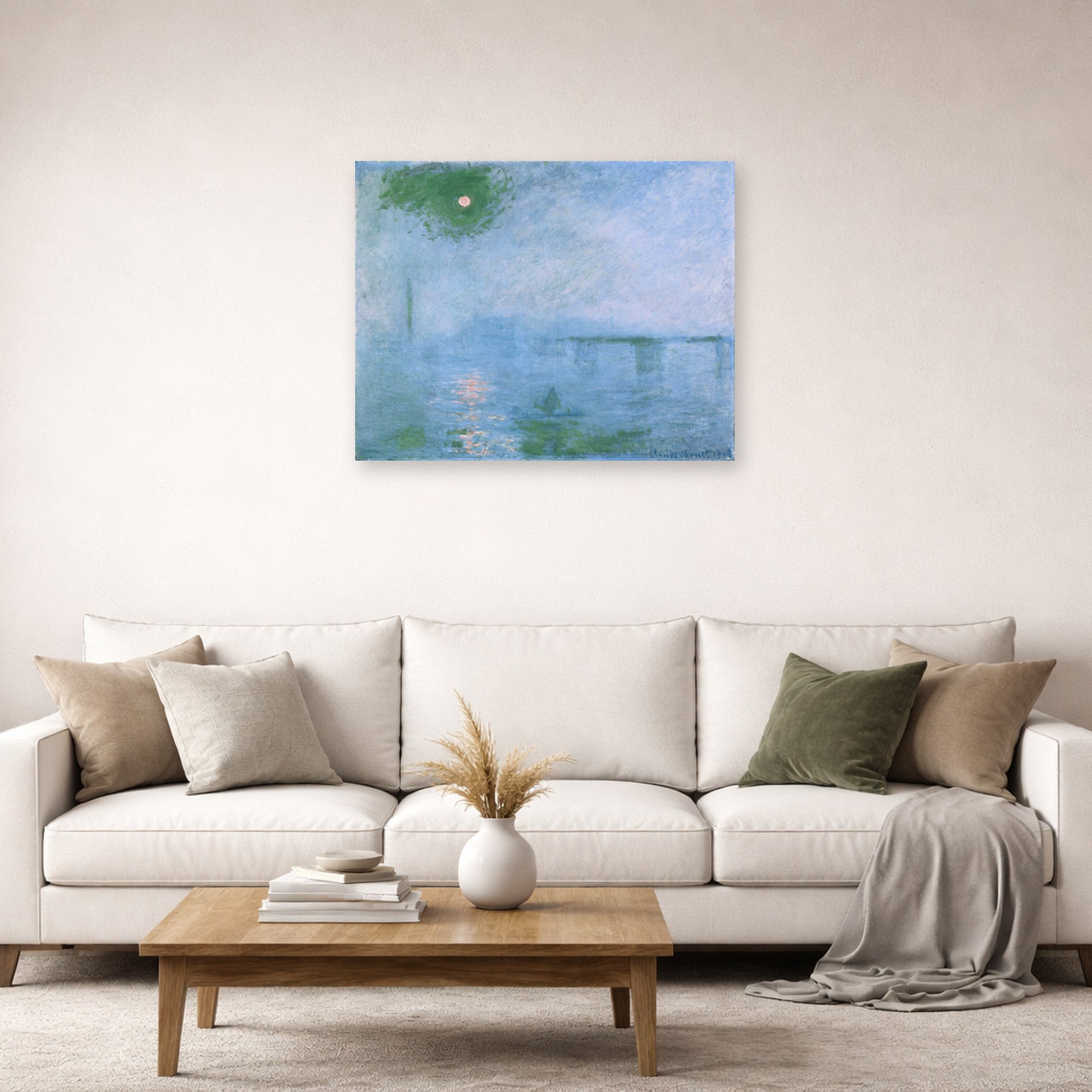 Unframed poster print of Claude Monet's 'Charing Cross Bridge' displayed on a wall in a living room