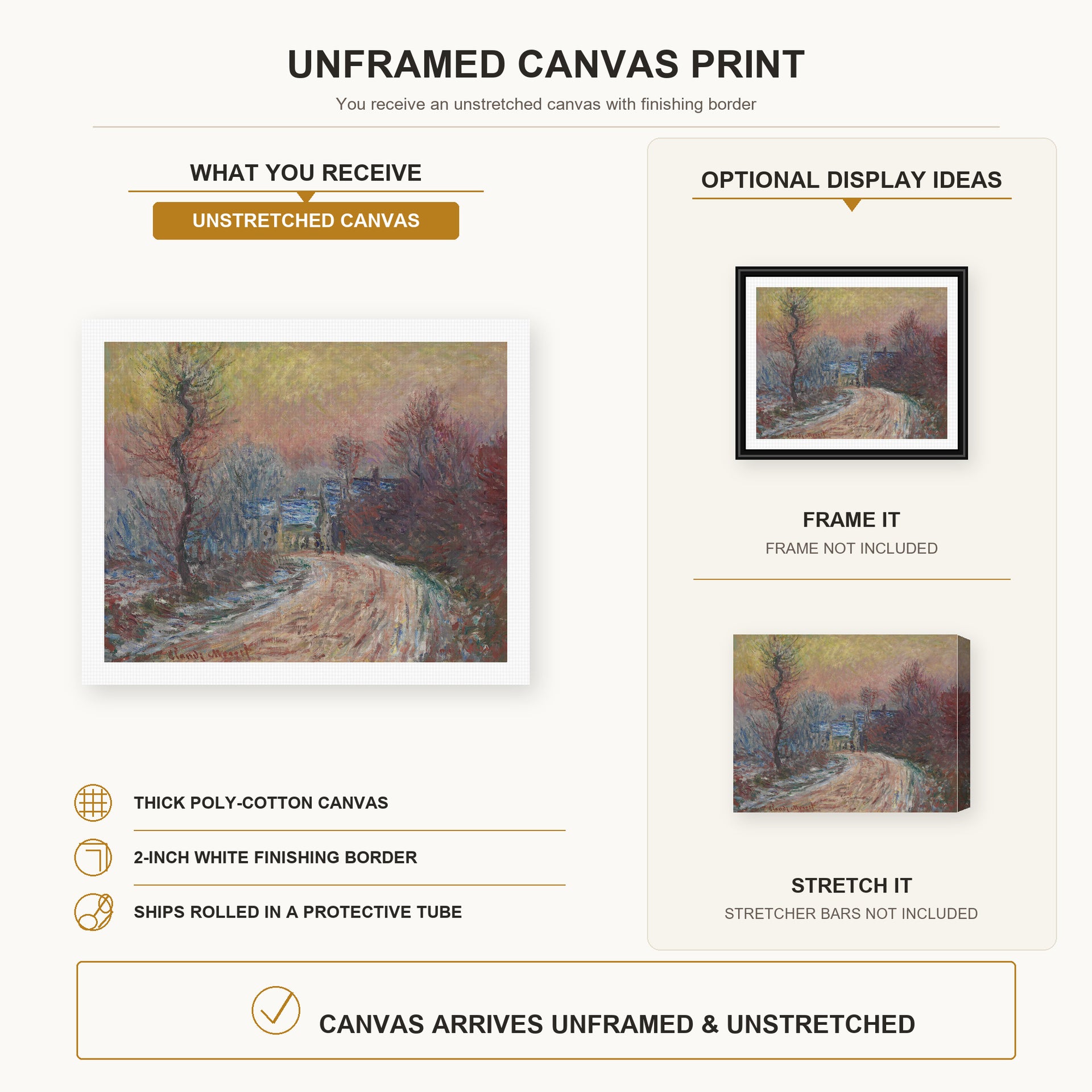 Claude Monet - Entrance to Giverny in Winter, Setting Sun canvas print size comparison and framing display infographic