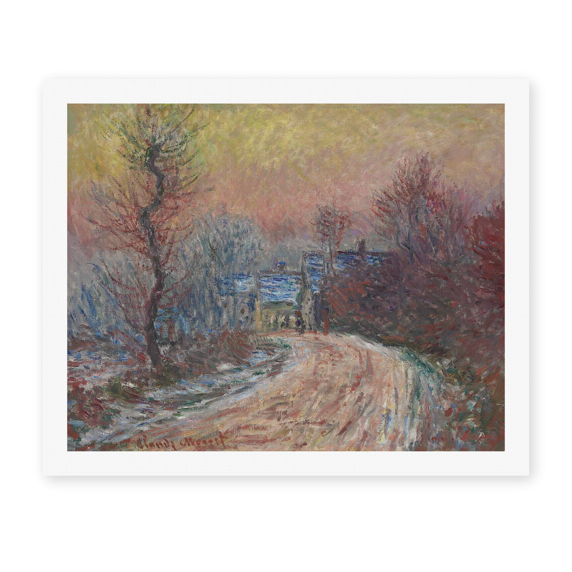 Claude Monet's 'Entrance to Giverny in Winter, Setting Sun' painting reproduced as a rolled canvas print