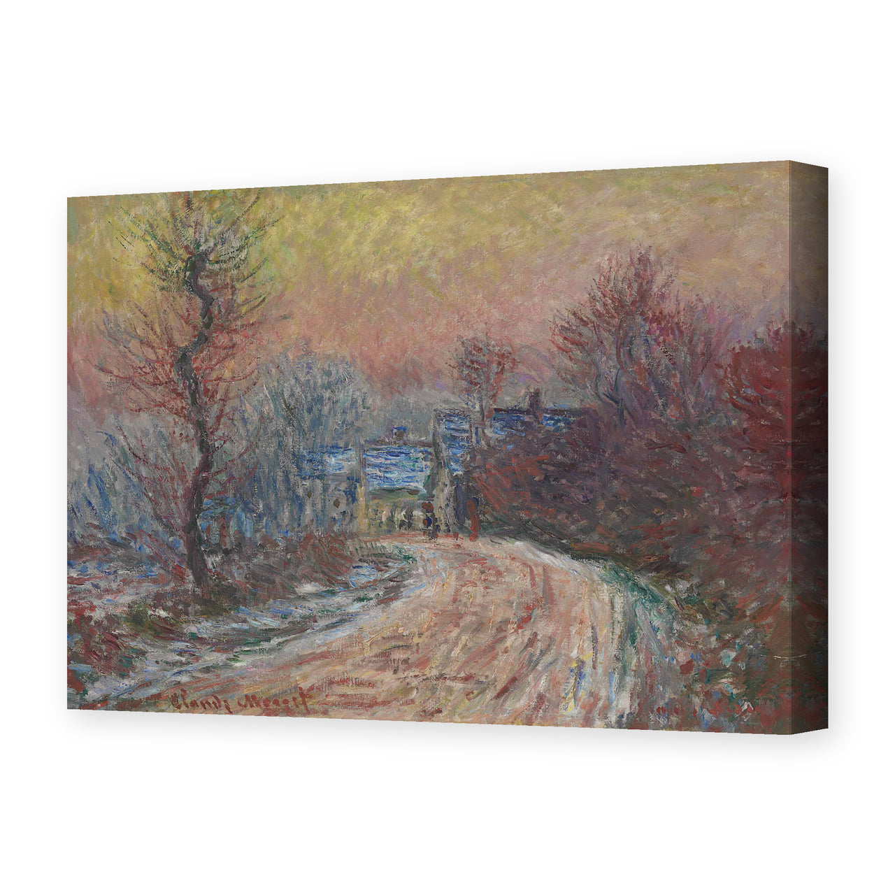 Claude Monet's 'Entrance to Giverny in Winter, Setting Sun' painting reproduced as a gallery-wrapped canvas print