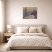 Gallery-wrapped canvas print of Claude Monet's 'Entrance to Giverny in Winter, Setting Sun' displayed on a wall in a bedroom