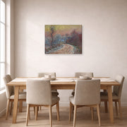 Gallery-wrapped canvas print of Claude Monet's 'Entrance to Giverny in Winter, Setting Sun' displayed on a wall in a dining room
