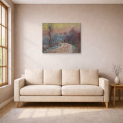 Gallery-wrapped canvas print of Claude Monet's 'Entrance to Giverny in Winter, Setting Sun' displayed on a wall in a living room