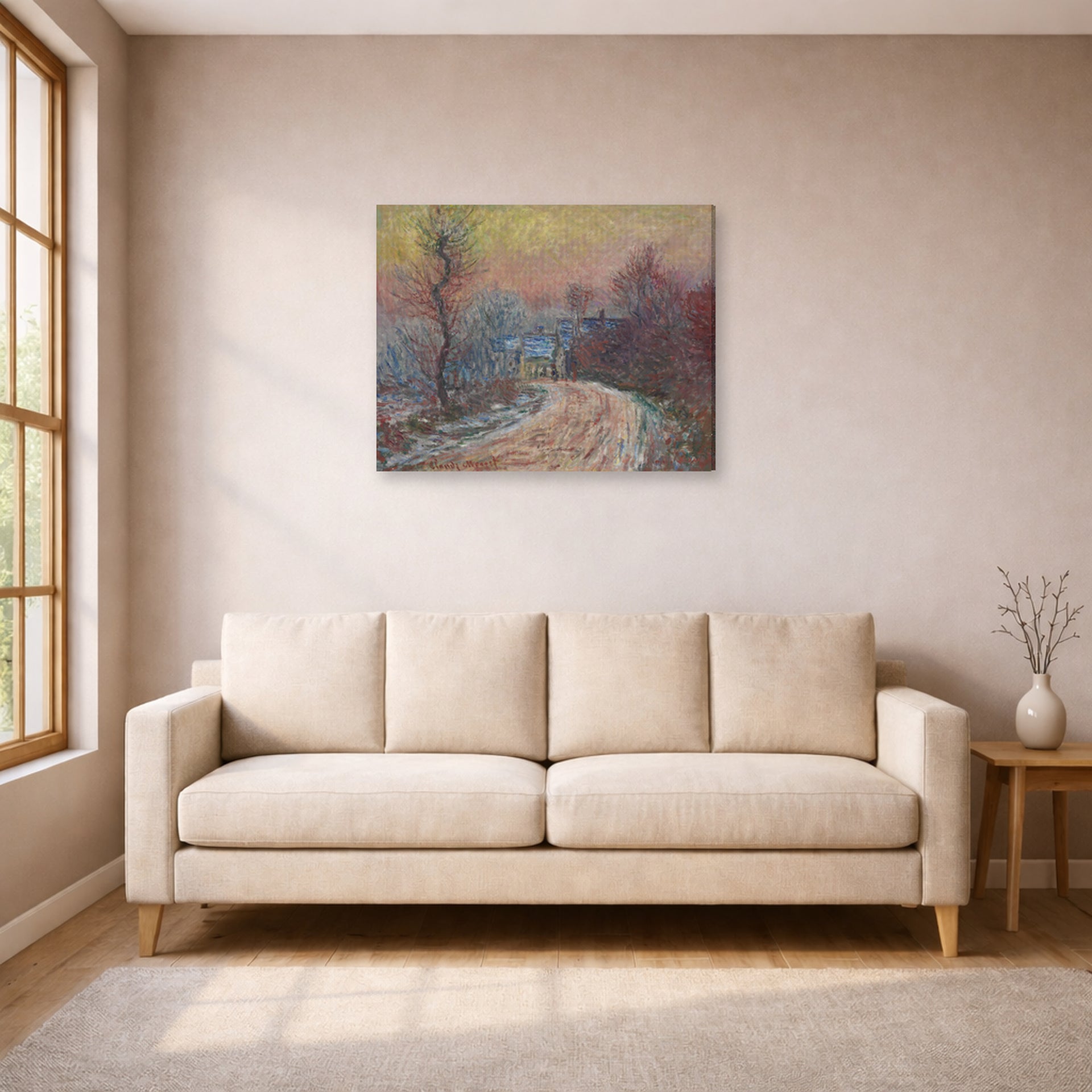 Gallery-wrapped canvas print of Claude Monet's 'Entrance to Giverny in Winter, Setting Sun' displayed on a wall in a living room