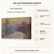 Claude Monet - Entrance to Giverny in Winter, Setting Sun gallery wrap canvas construction and hanging details infographic