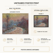 Claude Monet - Entrance to Giverny in Winter, Setting Sun poster print size comparison and framing display infographic