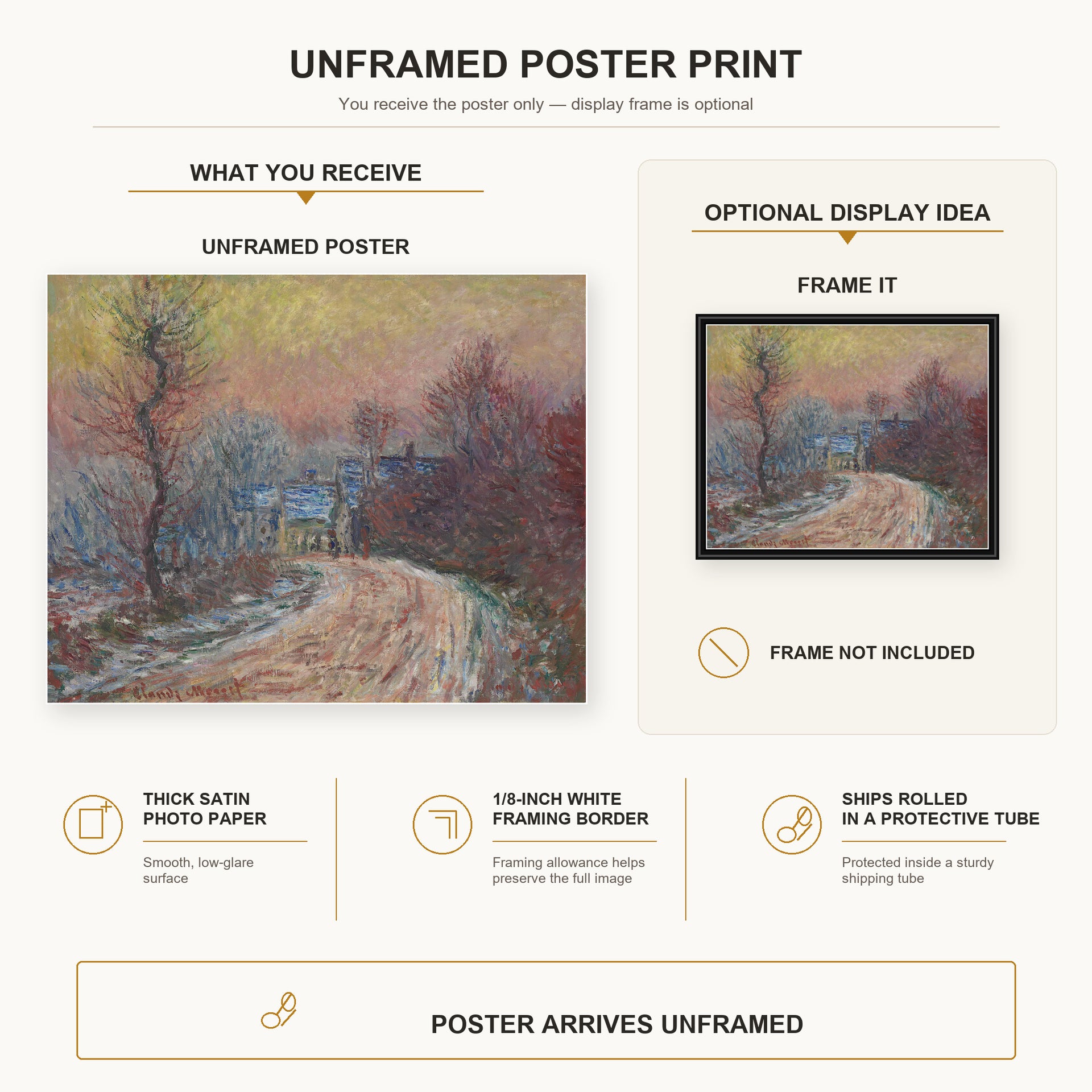 Claude Monet - Entrance to Giverny in Winter, Setting Sun poster print size comparison and framing display infographic