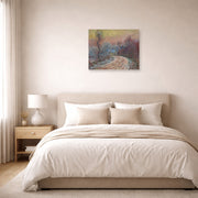 Unframed poster print of Claude Monet's 'Entrance to Giverny in Winter, Setting Sun' displayed on a wall in a bedroom