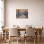 Unframed poster print of Claude Monet's 'Entrance to Giverny in Winter, Setting Sun' displayed on a wall in a dining room