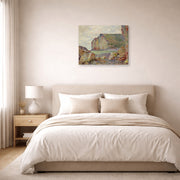 Gallery-wrapped canvas print of Claude Monet's 'Falaises Des Petites Dalles' displayed on a wall in a bedroom
