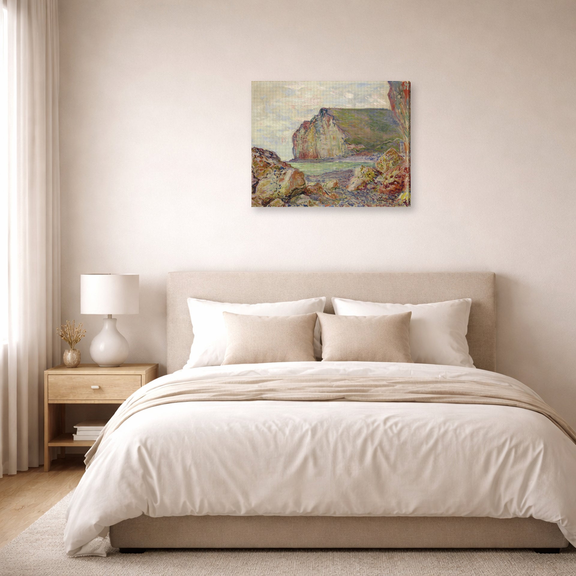 Gallery-wrapped canvas print of Claude Monet's 'Falaises Des Petites Dalles' displayed on a wall in a bedroom