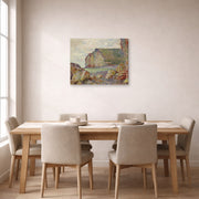 Gallery-wrapped canvas print of Claude Monet's 'Falaises Des Petites Dalles' displayed on a wall in a dining room