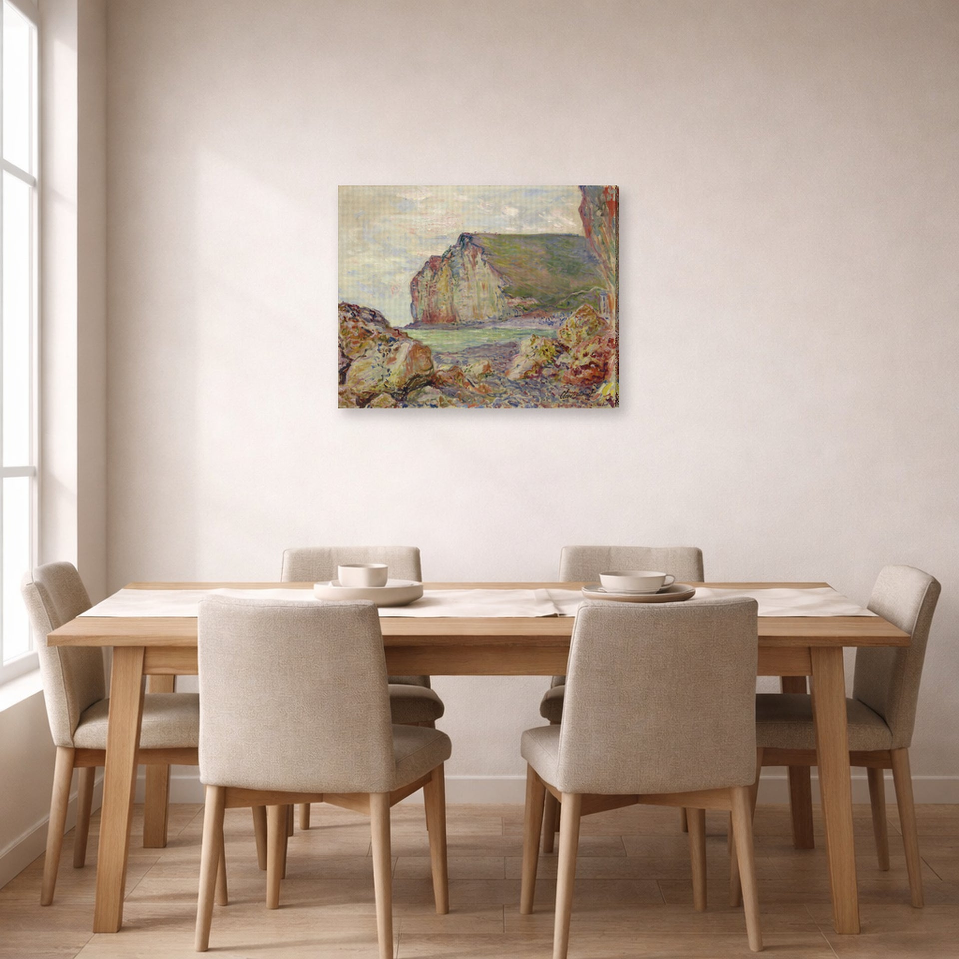 Gallery-wrapped canvas print of Claude Monet's 'Falaises Des Petites Dalles' displayed on a wall in a dining room