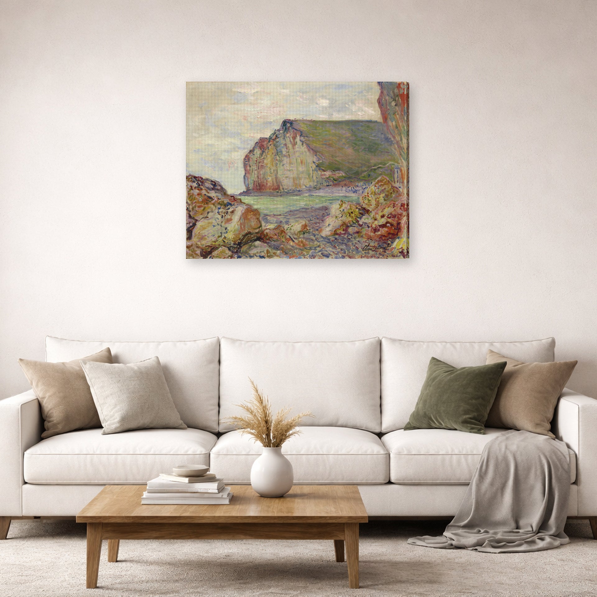 Gallery-wrapped canvas print of Claude Monet's 'Falaises Des Petites Dalles' displayed on a wall in a living room