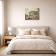 Unframed poster print of Claude Monet's 'Falaises Des Petites Dalles' displayed on a wall in a bedroom