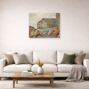 Unframed poster print of Claude Monet's 'Falaises Des Petites Dalles' displayed on a wall in a living room