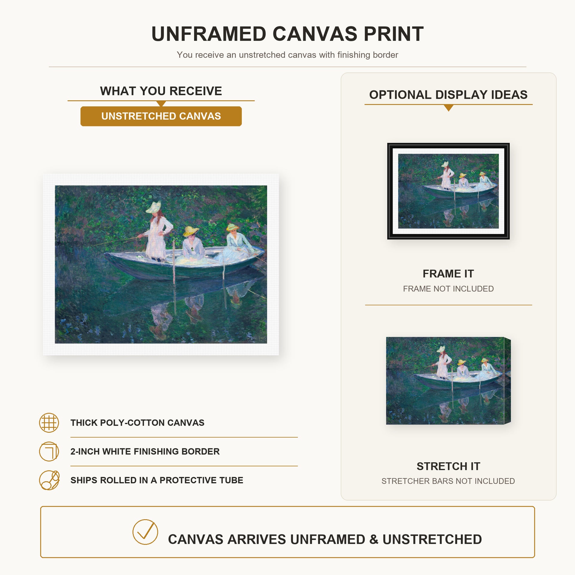 Claude Monet - In the Norwegian canvas print size comparison and framing display infographic