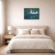 Gallery-wrapped canvas print of Claude Monet's 'In the Norwegian' displayed on a wall in a bedroom