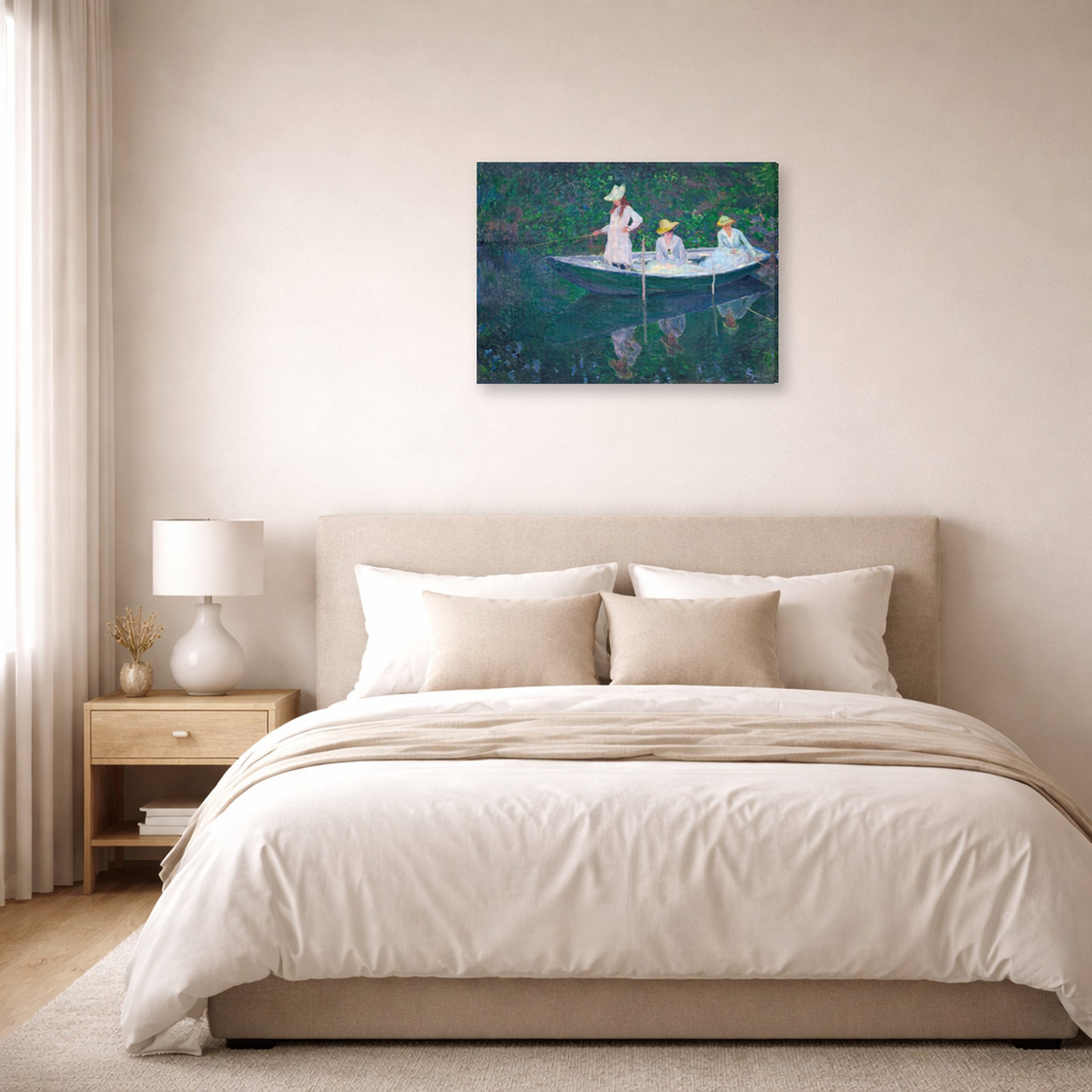 Gallery-wrapped canvas print of Claude Monet's 'In the Norwegian' displayed on a wall in a bedroom