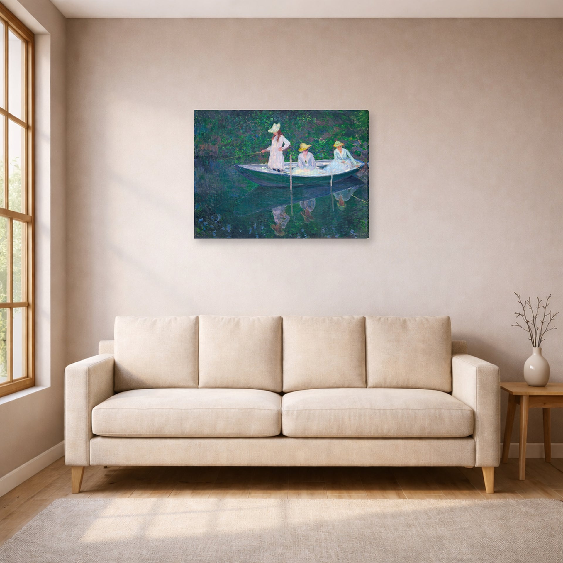 Gallery-wrapped canvas print of Claude Monet's 'In the Norwegian' displayed on a wall in a living room