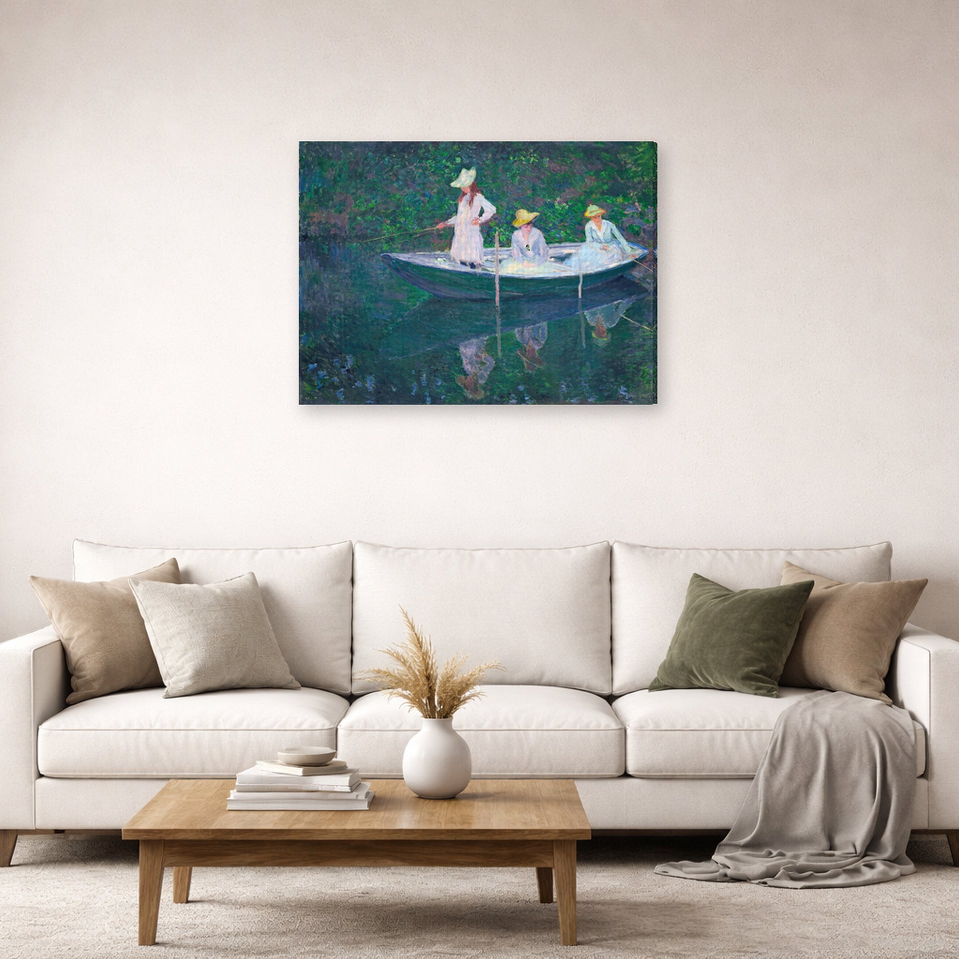 Gallery-wrapped canvas print of Claude Monet's 'In the Norwegian' displayed on a wall in a living room