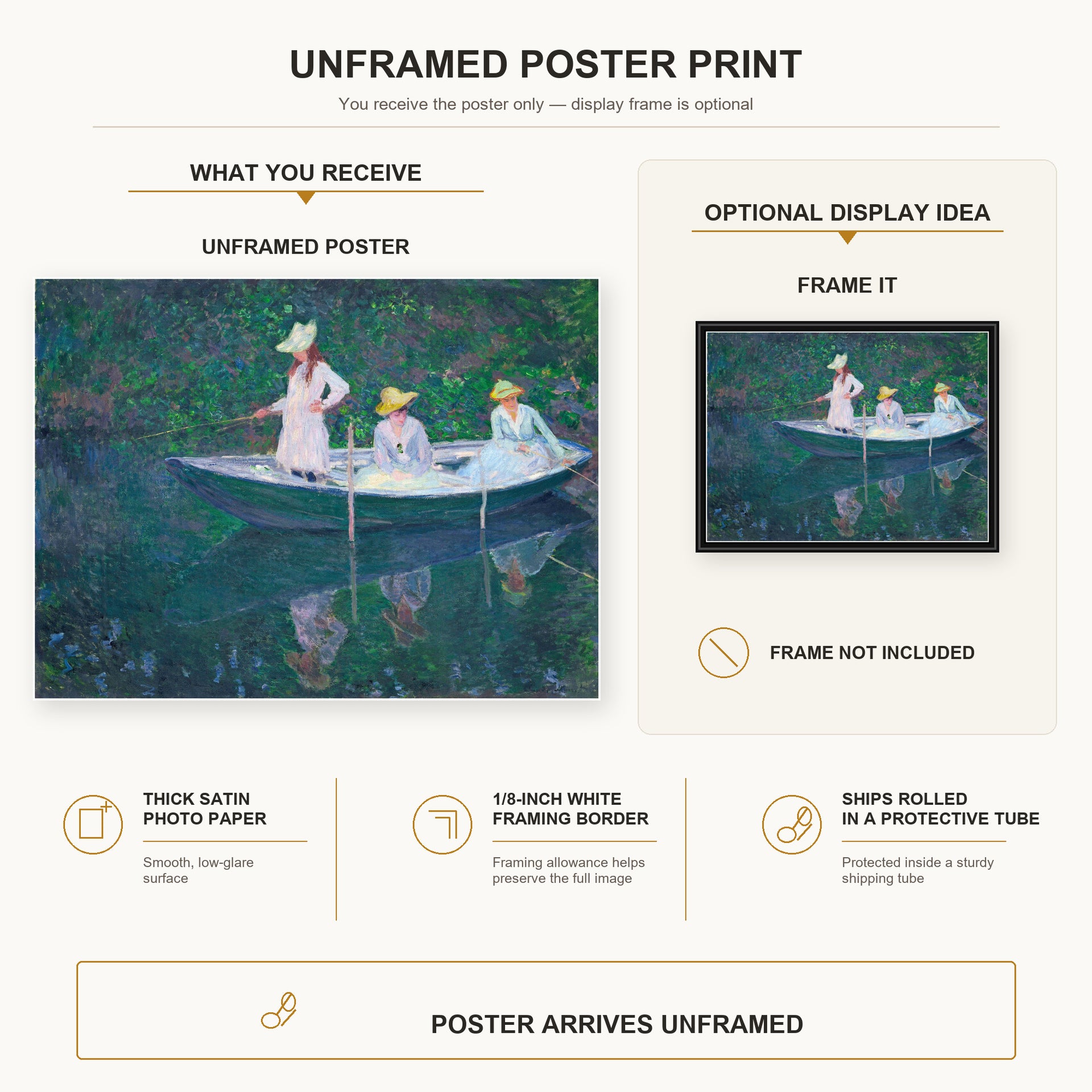 Claude Monet - In the Norwegian poster print size comparison and framing display infographic