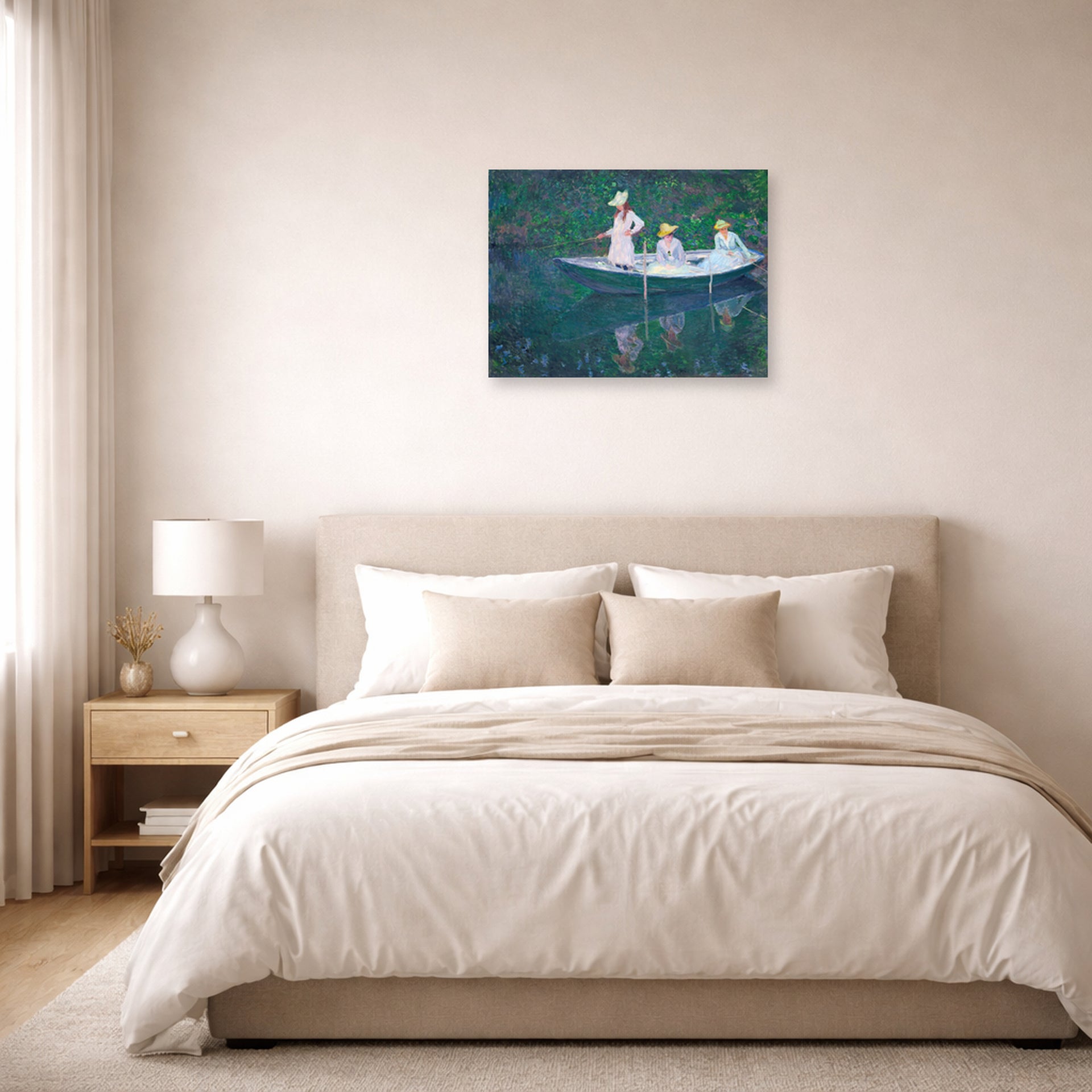 Unframed poster print of Claude Monet's 'In the Norwegian' displayed on a wall in a bedroom