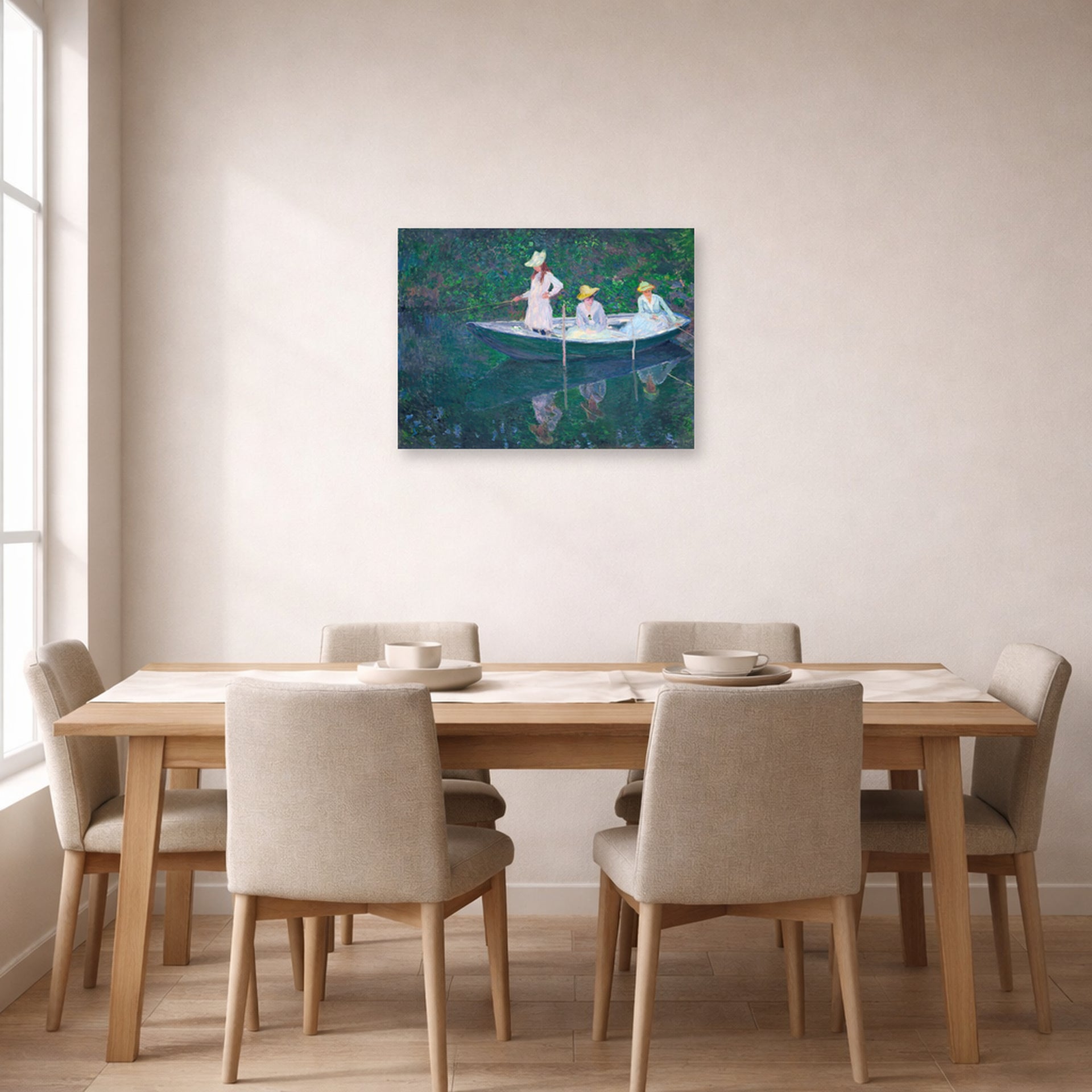 Unframed poster print of Claude Monet's 'In the Norwegian' displayed on a wall in a dining room