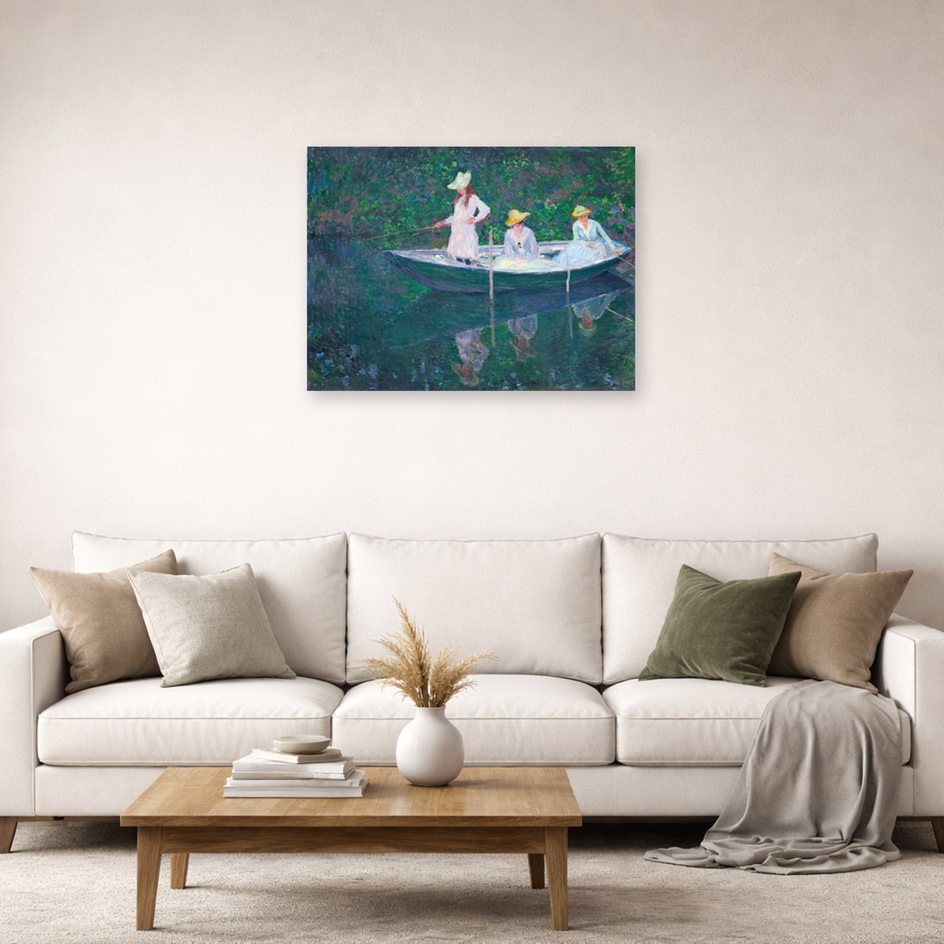 Unframed poster print of Claude Monet's 'In the Norwegian' displayed on a wall in a living room