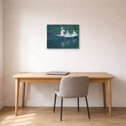 Unframed poster print of Claude Monet's 'In the Norwegian' displayed on a wall in a office