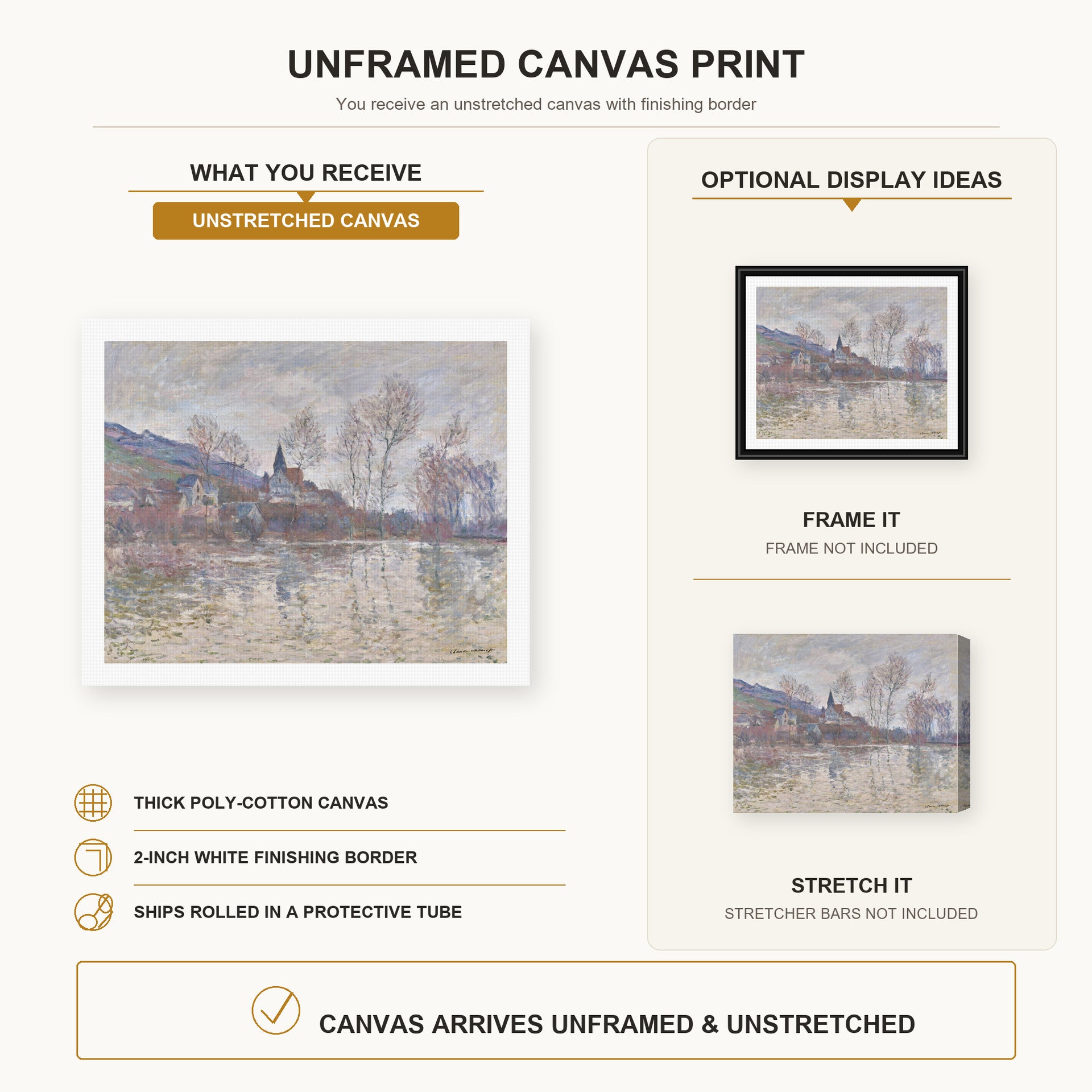 Claude Monet - Inondation a Giverny canvas print size comparison and framing display infographic