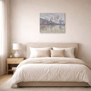 Gallery-wrapped canvas print of Claude Monet's 'Inondation a Giverny' displayed on a wall in a bedroom