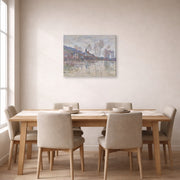 Gallery-wrapped canvas print of Claude Monet's 'Inondation a Giverny' displayed on a wall in a dining room