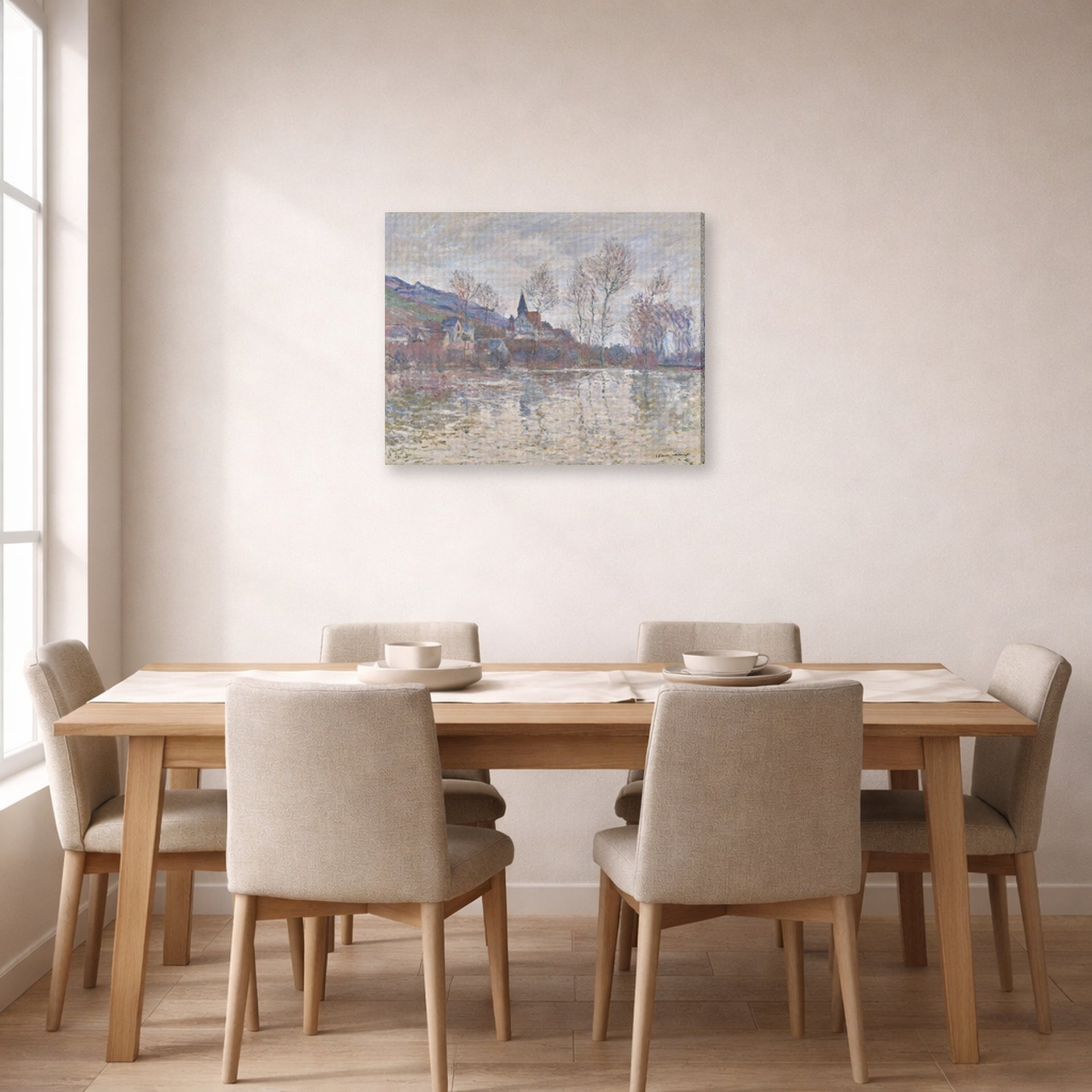 Gallery-wrapped canvas print of Claude Monet's 'Inondation a Giverny' displayed on a wall in a dining room