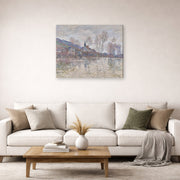 Gallery-wrapped canvas print of Claude Monet's 'Inondation a Giverny' displayed on a wall in a living room