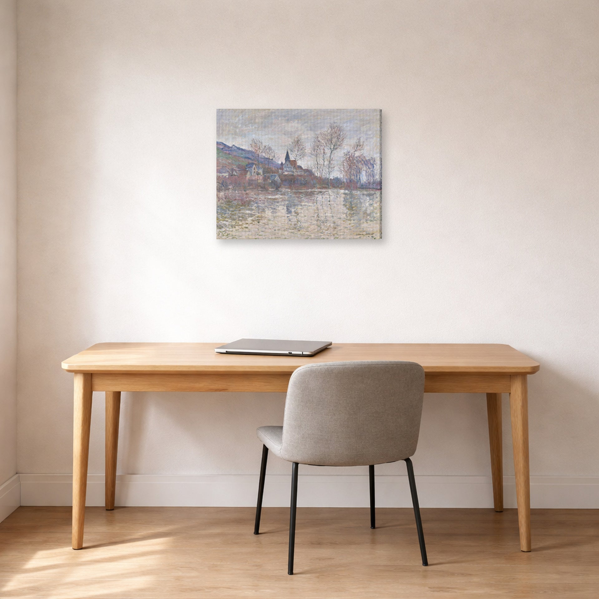 Gallery-wrapped canvas print of Claude Monet's 'Inondation a Giverny' displayed on a wall in a office