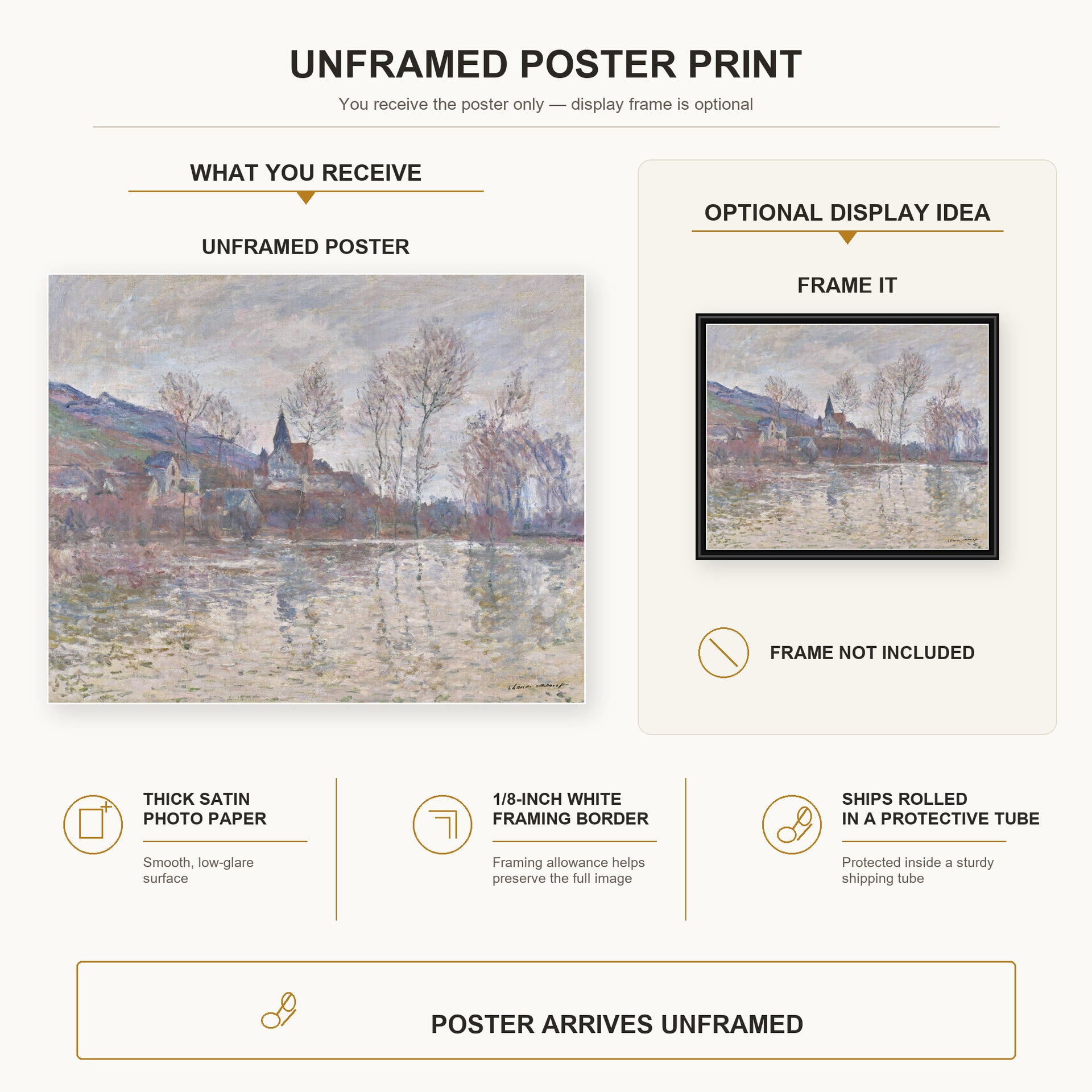 Claude Monet - Inondation a Giverny poster print size comparison and framing display infographic