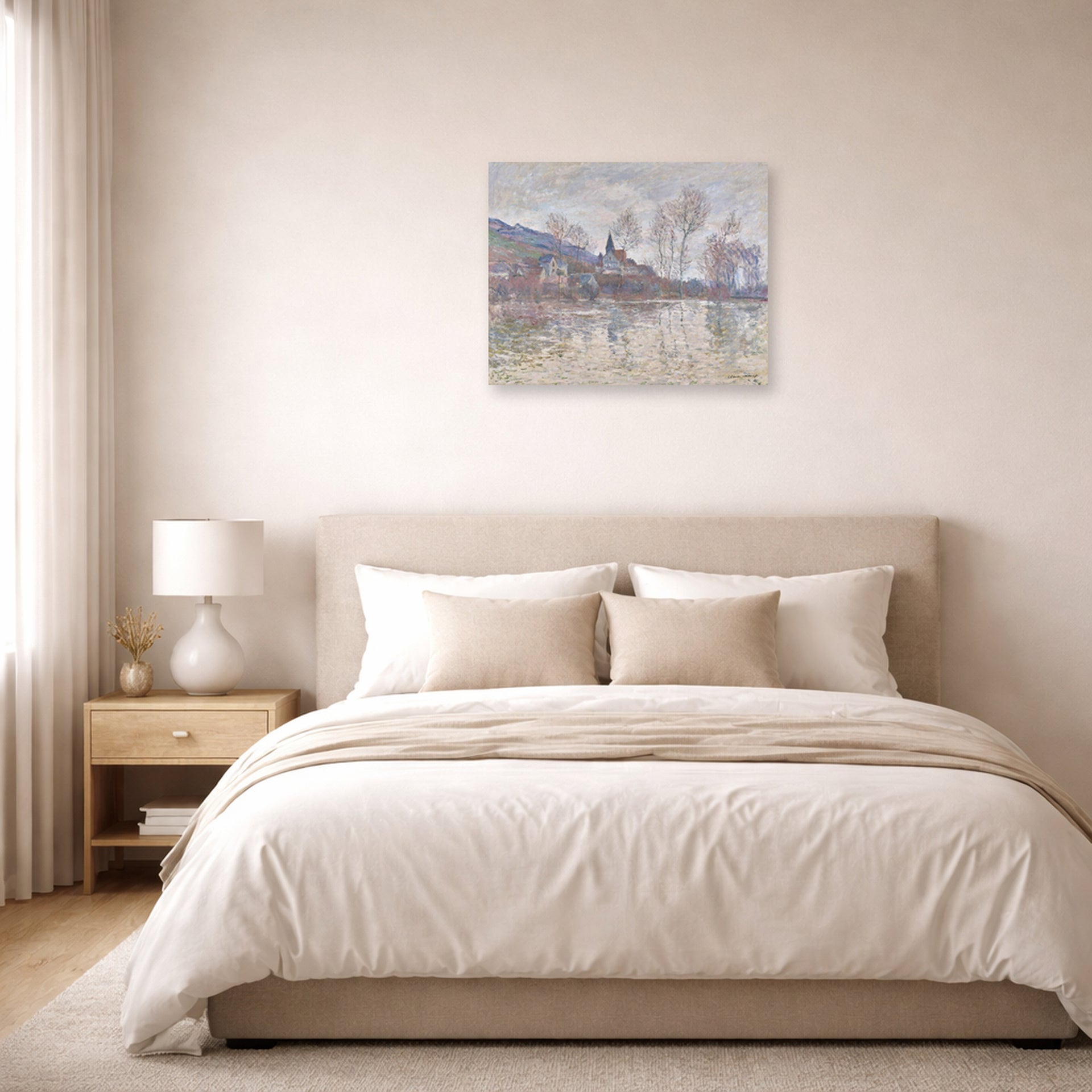Unframed poster print of Claude Monet's 'Inondation a Giverny' displayed on a wall in a bedroom