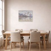 Unframed poster print of Claude Monet's 'Inondation a Giverny' displayed on a wall in a dining room