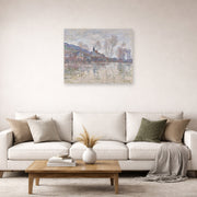 Unframed poster print of Claude Monet's 'Inondation a Giverny' displayed on a wall in a living room