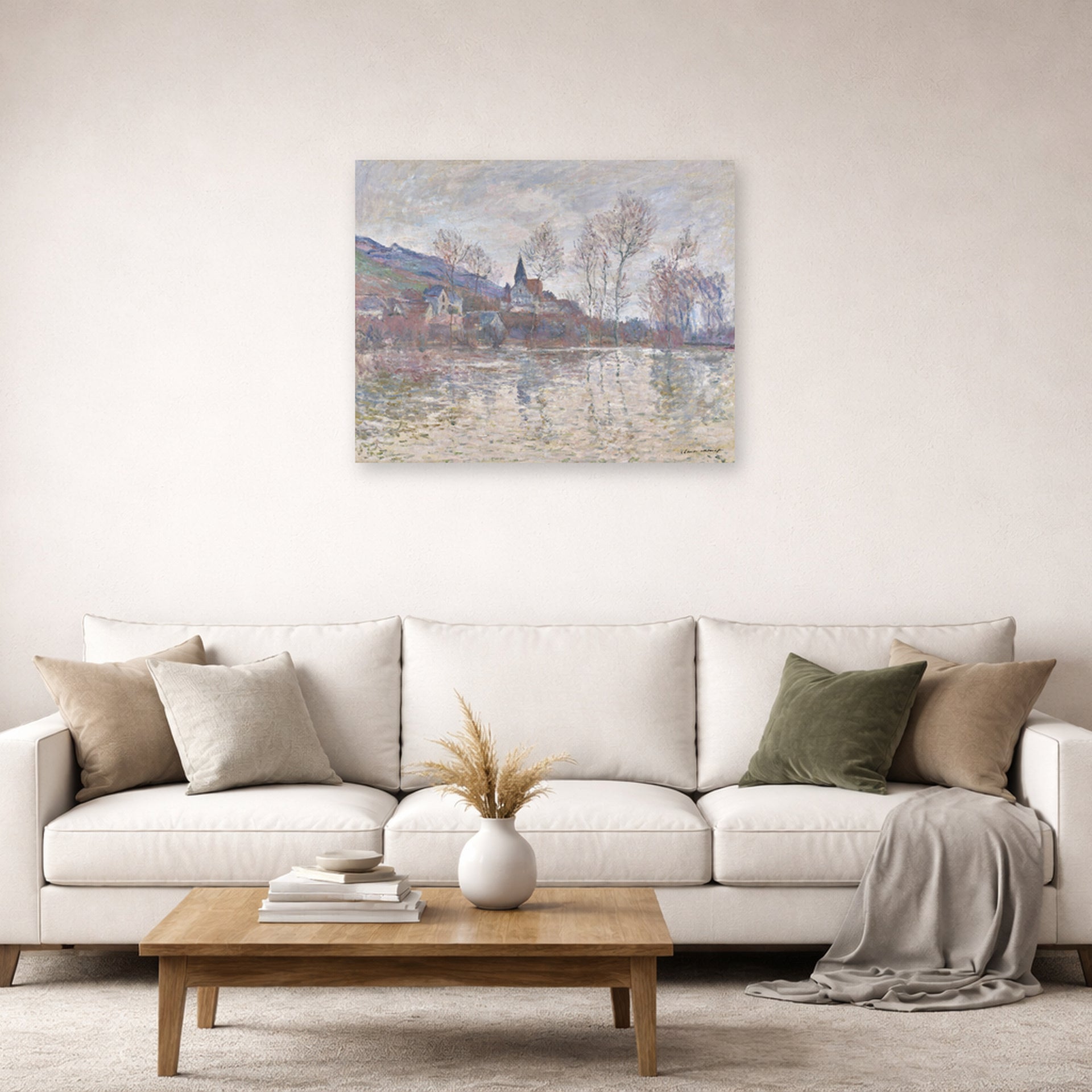 Unframed poster print of Claude Monet's 'Inondation a Giverny' displayed on a wall in a living room