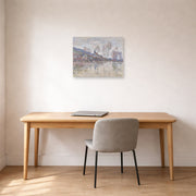 Unframed poster print of Claude Monet's 'Inondation a Giverny' displayed on a wall in a office