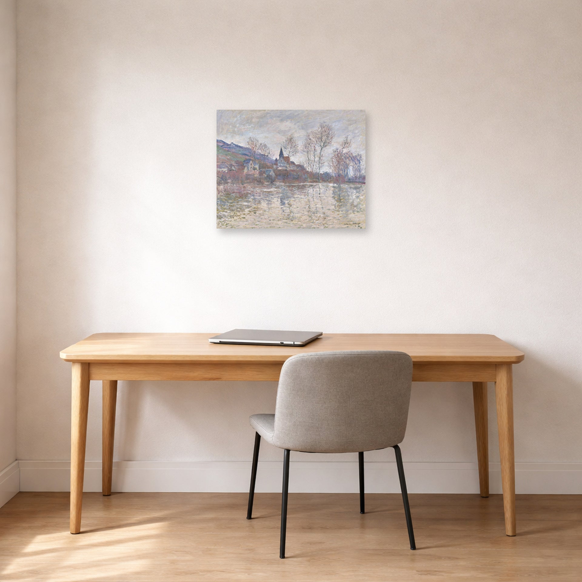 Unframed poster print of Claude Monet's 'Inondation a Giverny' displayed on a wall in a office