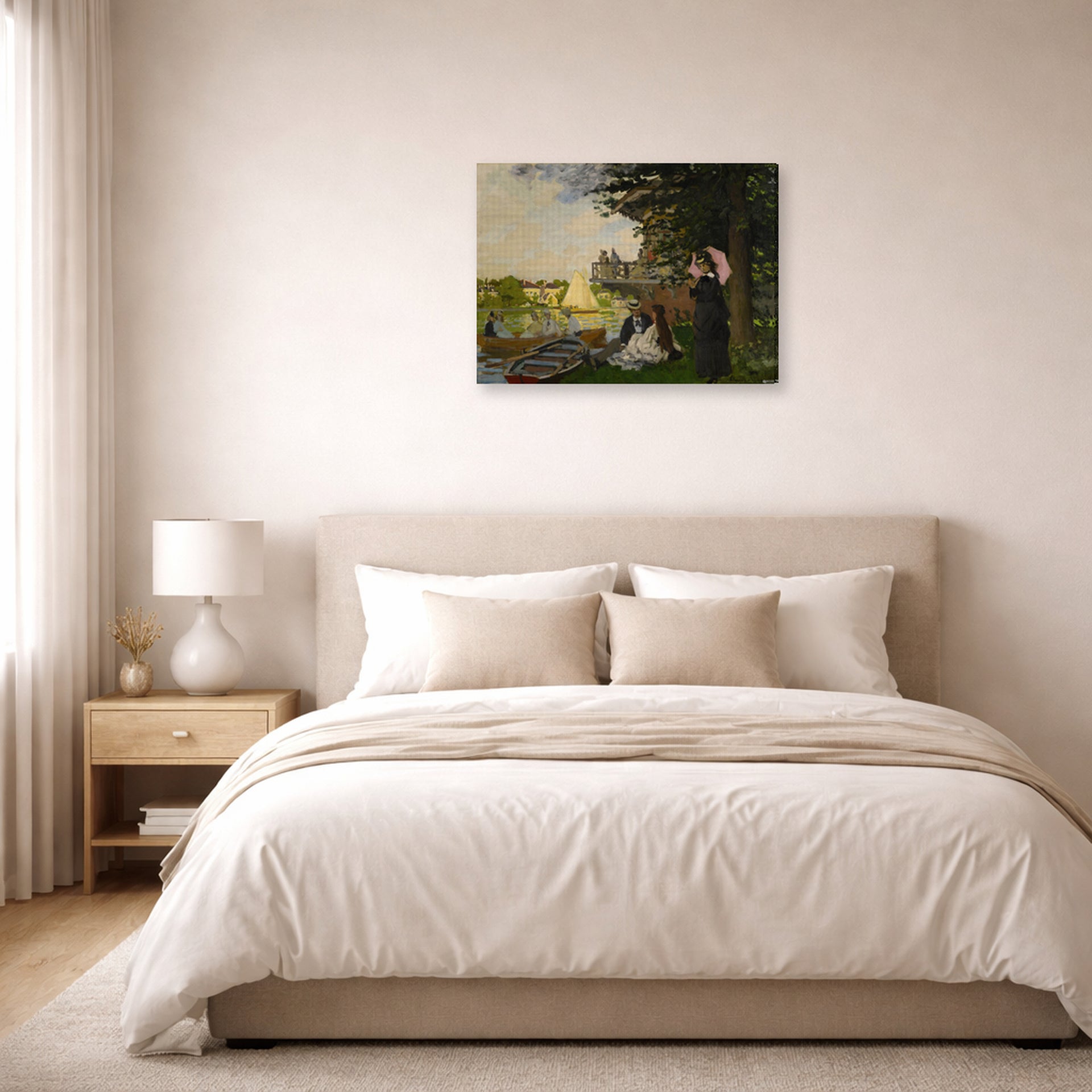 Gallery-wrapped canvas print of Claude Monet's 'L'embarcadere Der Pier' displayed on a wall in a bedroom