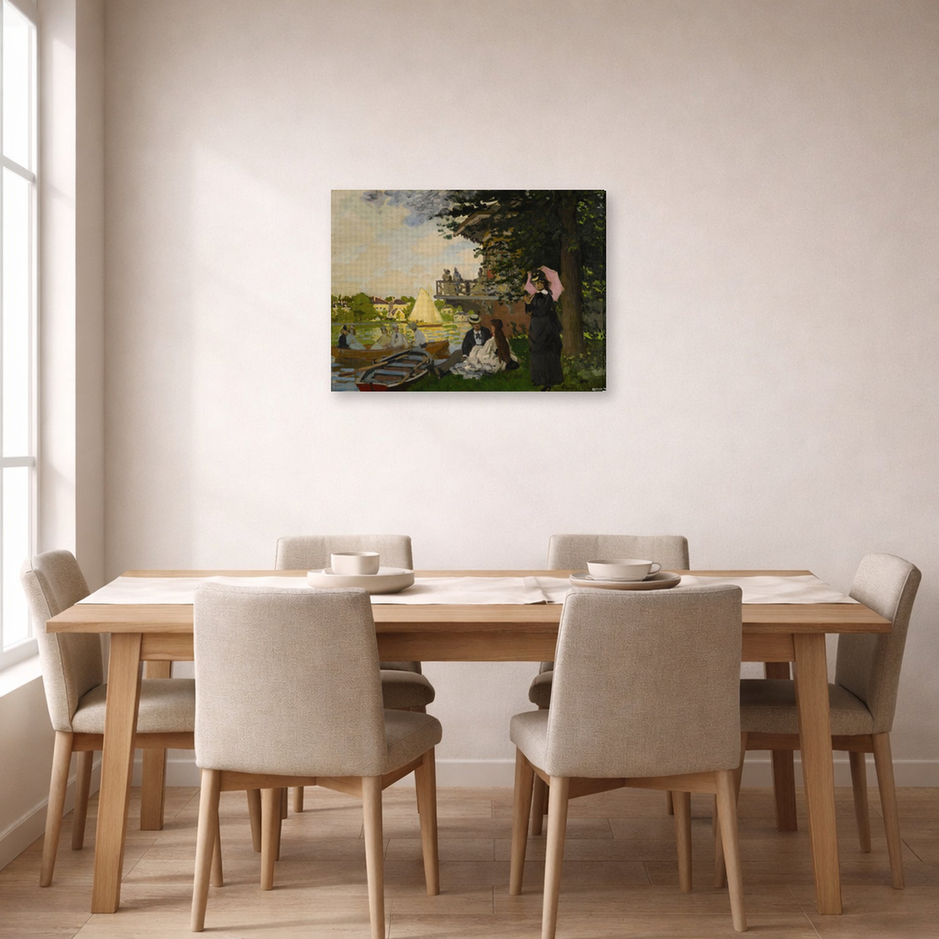 Gallery-wrapped canvas print of Claude Monet's 'L'embarcadere Der Pier' displayed on a wall in a dining room