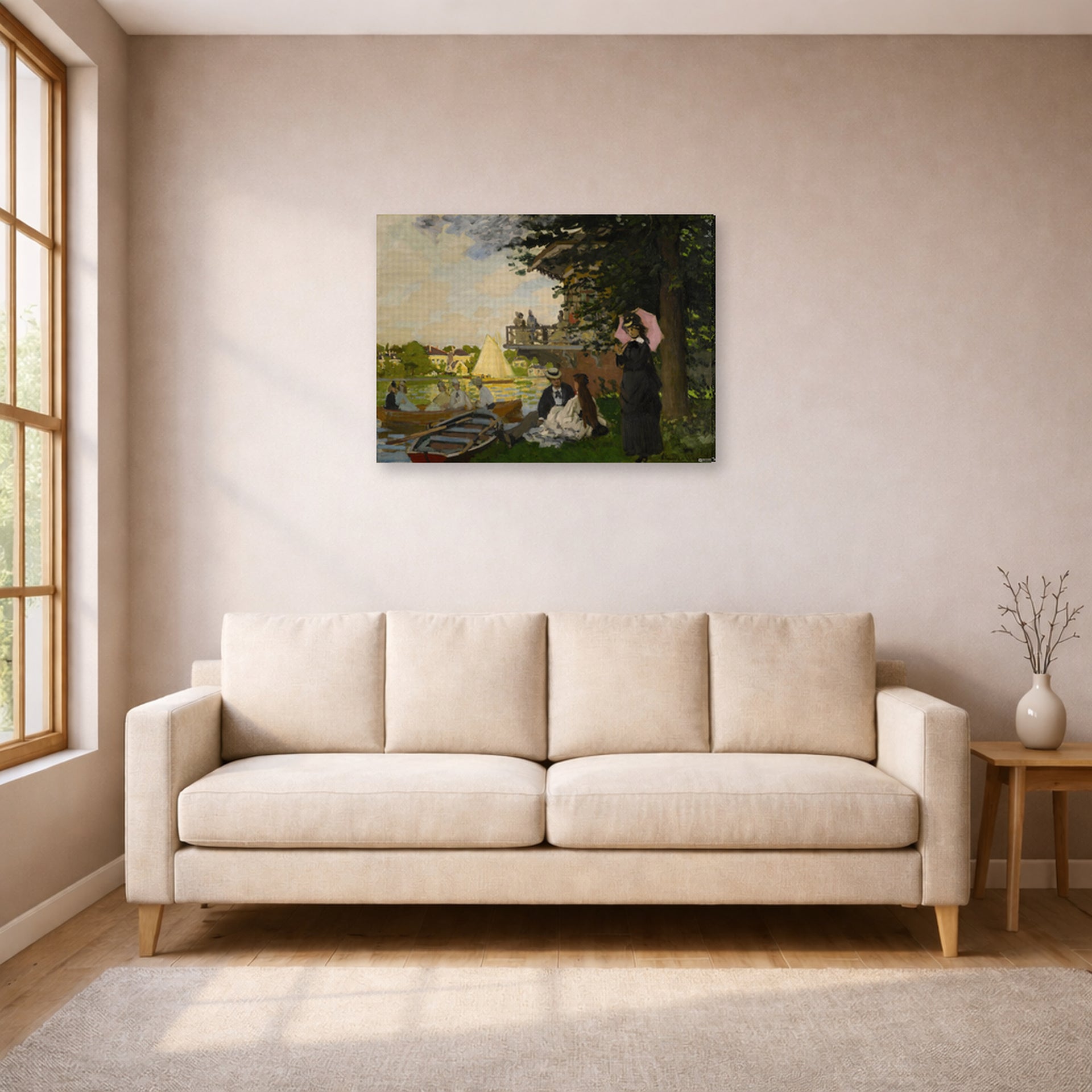 Gallery-wrapped canvas print of Claude Monet's 'L'embarcadere Der Pier' displayed on a wall in a living room