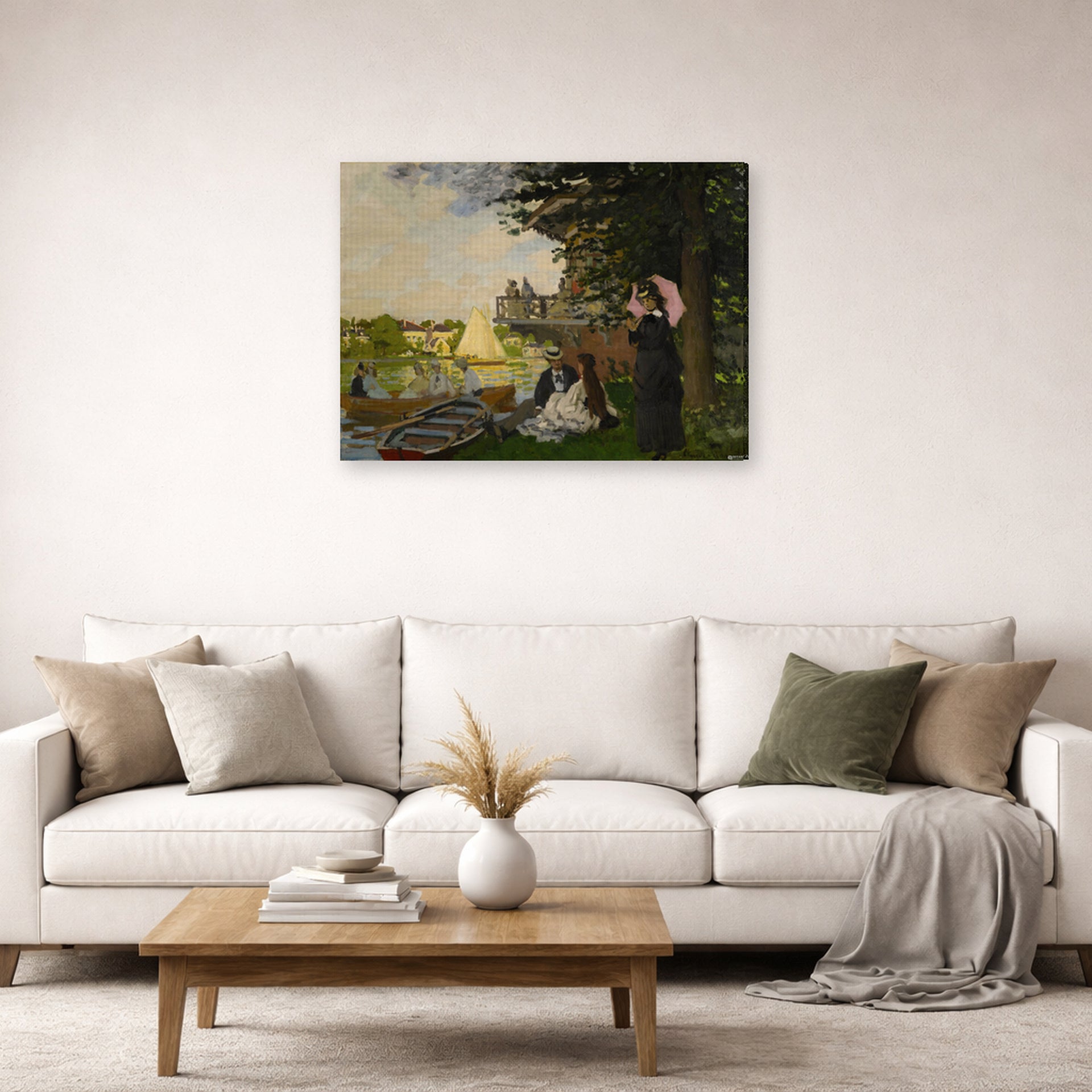 Gallery-wrapped canvas print of Claude Monet's 'L'embarcadere Der Pier' displayed on a wall in a living room